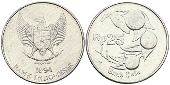 Индонезия 25 рупий 1994 мускатный орех KM 55 алюминий 4364-2824
