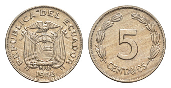 Эквадор 5 сентаво 1946 KM 75b медно-никель aUNC 4640-1121