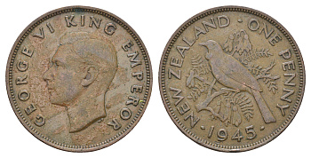 Новая Зеландия 1 пенни 1945 Георг VI (1936-1952), новозеландский туи KM 13 бронза    4403-1231