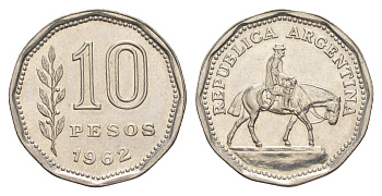 Аргентина 10 песо 1962 KM 60 сталь плакированная никелем UNC 4637-334