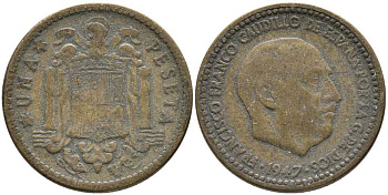 Испания 1 песета 1947 (53) Франсиско Франко (1939-1975) KM 775 алюминиевая бронза 110-956