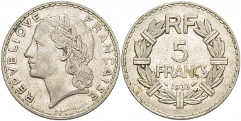 ФРАНЦИЯ 5 ФРАНКОВ 1933 KM 888 никель 4403-312