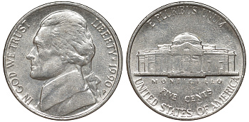 США 5 центов 1990 P, Джефферсон KM А192 медно-никель 51-1342