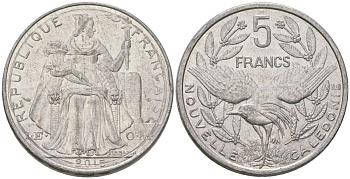 Французская Новая Каледония 5 франков 2015 птица кагу, (IEOM) KM 16, Schoen 12, Lec 81k алюминий 4117-1113