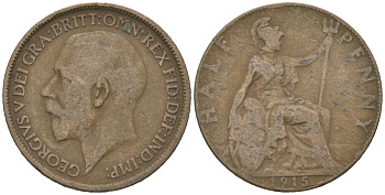 Великобритания 1/2 пенни 1915 Георг V (1910-1936) KM 809, Spink 4056 бронза 4616-731