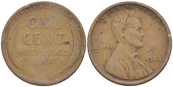 США 1 ЦЕНТ 1920 ЛИНКОЛЬН KM 132 бронза 218-754