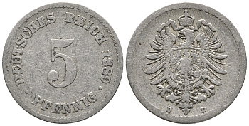 ГЕРМАНИЯ 5 ПФЕННИГОВ 1889 D, СТАРОГЕРБОВКА KM 3, J. 3 медно-никель 39-427