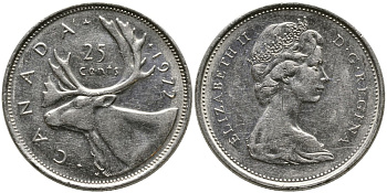 Канада 25 центов 1972 Елизавета II (1952-2022), олень KM 62 b никель 4543-732