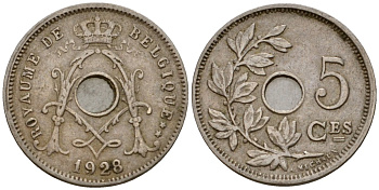 Бельгия 5 сантимов 1928 Belgique KM 66 медно-никель 4602-131