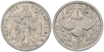 Французская Новая Каледония 1 франк 2000 птица кагу, (IEOM) KM 10, Schoen 10, Lec 52e алюминий 41-955