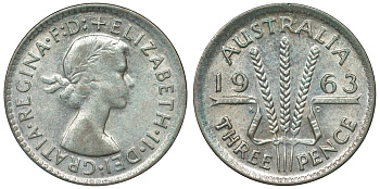Австралия 3 пенса 1963 m, Елизавета II (1952-2022) KM 57 серебро 71-938