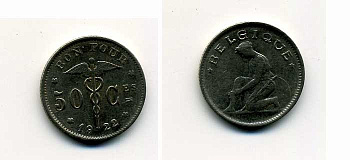 Бельгия 50 сантимов 1922 Belgique, Альберт I (1910-1934) KM 87 никель 37-228