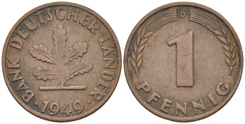 ФРГ 1 ПФЕННИГ 1949 D KM А101, J.376 сталь плакированная медью 4551-133