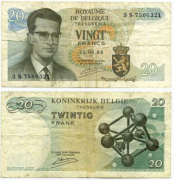 Бельгия 20 франков 1964 Бодуэн I, атомиум, Kestens Pick 138 (3) бумага 3295-71-2-1