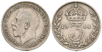 Великобритания 3 пенса 1914 Георг V (1910-1936) KM 813, Spink 4015 серебро 4618-935
