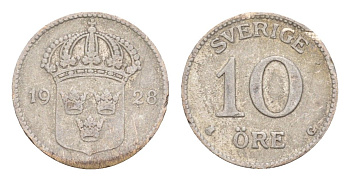 Швеция 10 эре 1928 G, Густав V (1907-1950) KM 780 серебро 4651-1019