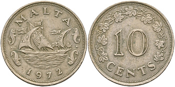 Мальта 10 центов 1972 баржа Великого магистра KM 11 медно-никель 4137-913