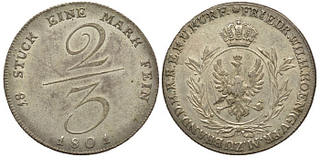 Бранденбург-Пруссия 2/3 талера (гульден) 1801 Фридрих Вильгельм III (1797-1840) КМ 363, Jaeger 184, Kahnt 59 серебро aUNC 00-815-01