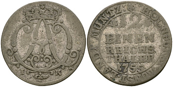 Мюнстер 1/2 талера 1755 IK KM 187 серебро 4132-1247