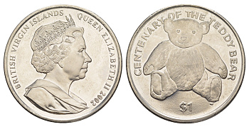 Британские Виргинские острова 1 доллар 2002 100 лет плюшевому мишке KM 199 медно-никель BU 01-235-52