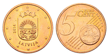 Латвия 5 евроцентов 2014 KM 152 сталь плакированная медью UNC 4689-753