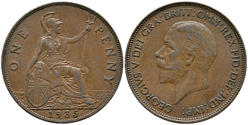 Великобритания 1 пенни 1935 Георг V (1910-1936) КМ 838, Spink 4055 бронза 32-844