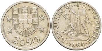 Португалия 2,5 эскудо 1964 парусник KM 590 медно-никель 4519-814