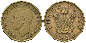 Великобритания 3 пенса 1939 Георг VI (1936-1952) KM 849, Spink 4112 никель латунь 4163-625