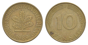 ФРГ 10 пфеннигов 1989 J KM 108, J. 383 сталь плакированная латунью 4627-123