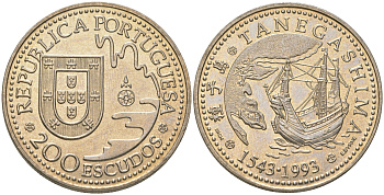 Португалия 200 эскудо 1993 450 лет с момента первой высадки в Японии на острове Танегасима KM 665 медно-никель UNC 74-525