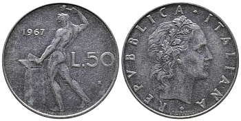 ИТАЛИЯ 50 ЛИР 1967 R, КУЗНЕЦ KM 95.1 сталь 83-1852