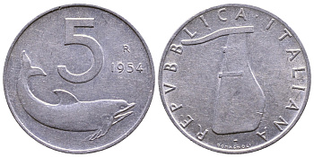 ИТАЛИЯ 5 ЛИР 1954 R, РУЛЬ, ДЕЛЬФИН KM 92 алюминий 56-1127