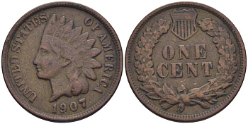 США 1 ЦЕНТ 1907 ГОЛОВА ИНДЕЙЦА KM 90а бронза 26-816
