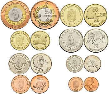 Гренландия набор из 8 монет 2010 (25, 50 эре, 1, 2, 5, 10, 20, 50 крон), животные, одна монета биметалл UNC N2-24