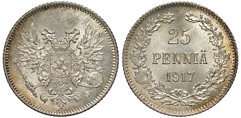 Россия для Финляндии 25 пенни 1917 S, временное правительство, без короны KM 19, Биткин 2 серебро 75-1534