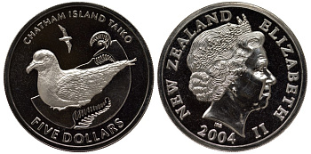 Новая Зеландия 5 долларов 2004 чатемский тайфунник-таико (Pterodroma magentae), тираж 1350 экземпляров KM 133 медно-никель UNC 4537-214