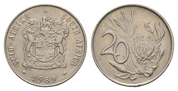 ЮАР 20 центов 1989 герб, цветок протея KM 86 никель 4546-713