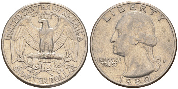 США 25 центов (квотер) 1980 Вашингтон KM A164a медь плакированная медно-никелем 4114-823