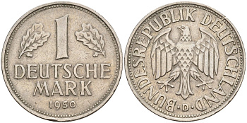 ФРГ 1 марка 1950 D KM 110, J. 385 медно-никель 4177-832