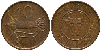 Исландия 10 эйре 1981 кальмар KM 25 бронза 211-819