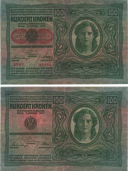 Австрия 100 крон 1912 (1919) красная надпечатка на Pick 12, на аверсе Pick 56 a бумага 8589-54-3-1