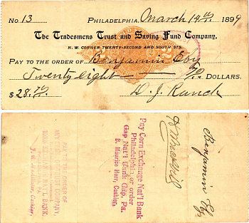 США чек на 28,70 долларов 1899 Филадельфия бумага 2196-30-1-1