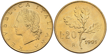 Италия 20 лир 1991 R, дубовый лист KM 97.2 алюминиевая бронза  UNC  4594-857