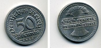 ГЕРМАНИЯ 50 ПФЕННИГОВ 1920 D KM 27, J. 301 алюминий 57-343
