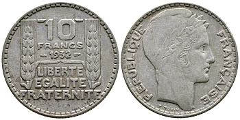 Франция 10 франков 1932 Пьер Тюрен KM 878, Le Franc 360.5 сереброо 93-231