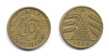 ГЕРМАНИЯ 10 РЕЙХСПФЕННИГОВ 1924 A, KM 40, J. 317 алюминиевая бронза 35-512