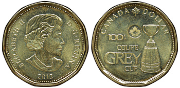 Канада 1 доллар 2012 100-ый кубок Грея (чемпионат канадской футбольной лиги) KM 1295 никель плакированный бронзой UNC 4542-1243