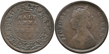 Британская Индия 1/2 анна 1862 Виктория (1837-1901) KM 468 медь 32-116
