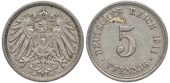 Германия 5 пфеннигов 1911 E KM 11, Jager 12, Weege 6 медно-никель 25-1713