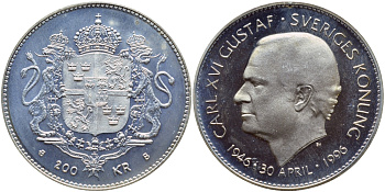 Швеция 200 крон 1996 Карл XVI Густав (1973- ), 50 лет королю Карлу XVI Густаву KM 888 серебро BUNC 1072-5-53